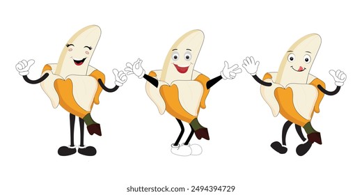 Groovy banana. Set funny cartoon trendy retro style fruit character. Ripe banana and banana peel in flat style. Doodle comic illustration dancing banana.