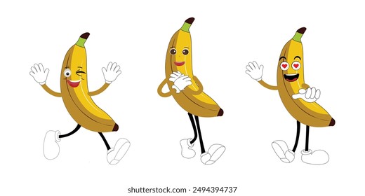 Groovy banana. Set funny cartoon trendy retro style fruit character. Ripe banana and banana peel in flat style. Doodle comic illustration dancing banana.
