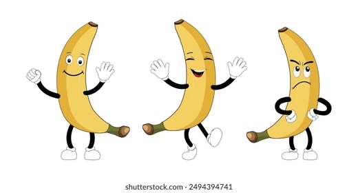 Groovy banana. Set funny cartoon trendy retro style fruit character. Ripe banana and banana peel in flat style. Doodle comic illustration dancing banana.