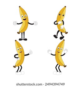 Groovige Banane. Setzen Sie lustige Cartoon trendige Retro-Stil Obst-Charakter. Reife Banane und Bananenschale im flachen Stil. Doodle Comic Illustration tanzende Banane.