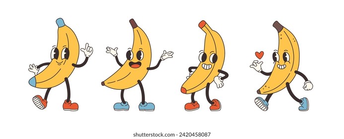 Groovy banana set. Hand draw Funny Retro vintage trendy style banana cartoon character. Doodle Comic collection