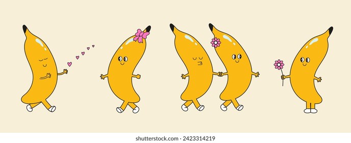 Groovy banana set. Love relationship. Hand draw funny retro vintage trendy style banana cartoon character. Doodle comic collection.