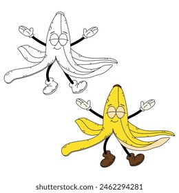 Groovy banana skin character. Banana skin. Dancing cartoon retro character banana in flat and doodle style.