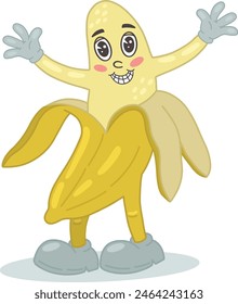 Groovy banana.Hand-draw a funny character from the cartoon "Banana" in a trendy retro-vintage style. Vector illustration.