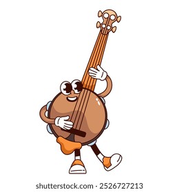 Groovy banjo personaje de dibujos animados jugando divertida melodía. Divertido instrumento musical retro con membrana y cuerdas. Mascota de la música, vieja etiqueta engomada del músico del banjo de la historieta de la Ilustración vectorial del estilo de los años 70 80