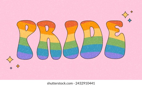 Groovy Banner für Pride Month. Vektor-Hintergrund mit retro-Regenbogen-Flagge farbigen Elementen. Symbole des Pride Month mit LGBTQ Flaggenfarben. Gay Parade zum Groovy-Fest. Vektorgrafik.