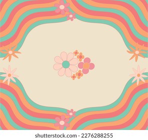 Groovy banner vector illustration with space with text in the middle. Psychedelic 1970s art background. Groovy flowers and shapes