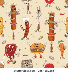 Groovy barbeque characters, bbq grill personages pattern. Vector seamless tile background with cartoon skewer, sausage, burger, corn, steak and vegetables with cheerful expressions and playful poses