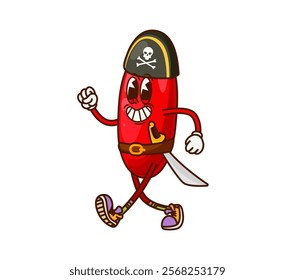 Groovy barberry berry character adorned with a pirate hat and sword, sports retro sneakers and a big grin, ready for adventure. Cartoon vector juicy, happy smiling captain, sailor, buccaneer personage