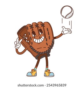 Personaje de guante de béisbol Groovy lanzando una pelota con una expresión alegre. Personaje de la escuela deportiva juguetona de Vector de dibujos animados aislado irradia un ambiente divertido y deportivo, con ojos expresivos y una sonrisa amistosa