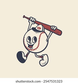 Groovy baseball sport ball character in retro cartoon. Mascot, vector, icon, colection, sticker, vintage, illustration, set, funny, logo, comic