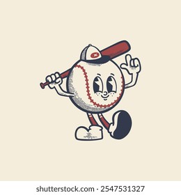 Groovy baseball sport ball character in retro cartoon. Mascot, vector, icon, colection, sticker, vintage, illustration, set, funny, logo, comic