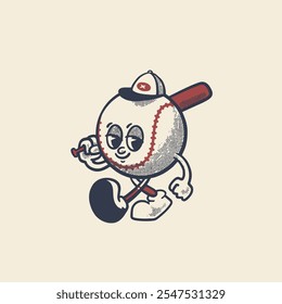 Groovy baseball sport ball character in retro cartoon. Mascot, vector, icon, colection, sticker, vintage, illustration, set, funny, logo, comic