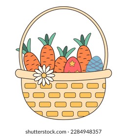 Groovy basket with carrots, Easter eggs and daisy. Vintage hippie psychedelic clipart.