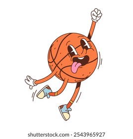 Personaje de baloncesto Groovy en pose enérgica. Personaje deportivo de Vector de dibujos animados aislado con expresión facial expresiva, con zapatillas de deporte y con aspecto listo para la diversión deportiva y la competencia escolar