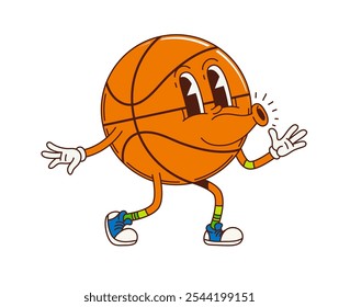 Personaje de baloncesto groovy en dibujos animados retro con cara divertida, emoji deportivo de cómic de Vector. Bola de baloncesto Groovy silbando en buenas vibraciones tontas para el carácter del deporte psicodélico en dibujos animados retro