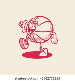 Groovy basketball sport ball character in retro cartoon. Mascot, vector, icon, colection, sticker, vintage, illustration, set, funny, logo, comic, vintage, line art, logo