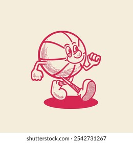 Personagem de bola de basquete groovy em desenho animado retro. Mascote, vetor, ícone, coleção, adesivo, vintage, ilustração, conjunto, engraçado, logotipo, quadrinhos, vintage, arte em linha, logotipo