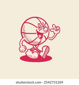 Groovy basketball sport ball character in retro cartoon. Mascot, vector, icon, colection, sticker, vintage, illustration, set, funny, logo, comic, vintage, line art, logo