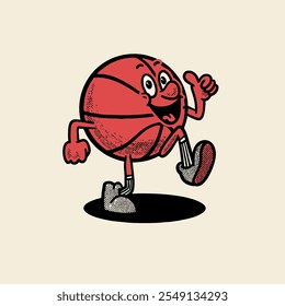 Groovy basketball sport ball character in retro cartoon. Mascot, vector, icon, colection, sticker, vintage, illustration, set, funny, logo, comic