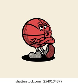 Groovy basketball sport ball character in retro cartoon. Mascot, vector, icon, colection, sticker, vintage, illustration, set, funny, logo, comic