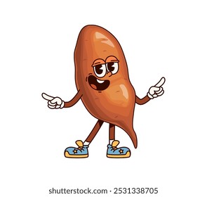 Groovy batata vegetal caráter. Cartoon vetor legal personagem vegetariano de batata doce com uma expressão confiante, vestindo tênis elegantes e apontando com ambas as mãos exala uma vibe descontraída e divertida