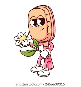 Groovy bath brush cartoon character holding daisy flower with smile. Funny retro brush with wooden handle for dry massage, body scrub mascot, cartoon sticker of 70s 80s style vector illustration