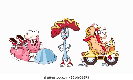 Groovy BBQ cartoon characters set. Funny retro hotdog on scooter, fork with sausage, pig chef with barbecue serving dish. BBQ food mascot, cartoon sticker of 70s 80s style vector illustration