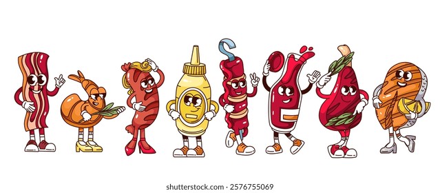 Groovy BBQ party cartoon characters set. Funny retro meat and salmon steak, sausage, ketchup and mustard bottle, kebab on skewer. BBQ mascot, cartoon barbeque stickers of 70s 80s vector illustration