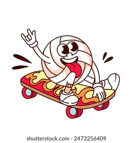 Groovy beach ball cartoon character with skateboard. Funny retro skater with tongue hanging out and V finger, volleyball mascot, cartoon ball skateboarding sticker of 70s 80s style vector illustration