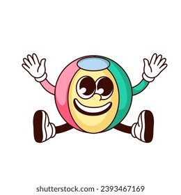 Groovy beach ball character vector illustration. Cartoon isolated retro cute sticker of summer pool party with inflatable happy rubber ball jumping in air, fun jump of toy mascot with arms and legs