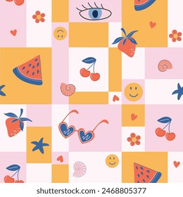 Groovy beach seamless pattern. Retro style Summer background. Cute geometric print with Summer vacation symbols. Hand drawn flat style vector illustration.