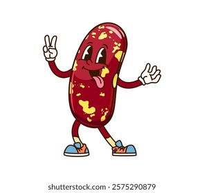 Groovy bean vegetable character. Cartoon vector red haricot seed with yellow spots and happy expression, sticking out its tongue. Cheerful veg personage teasing and promoting healthy eating