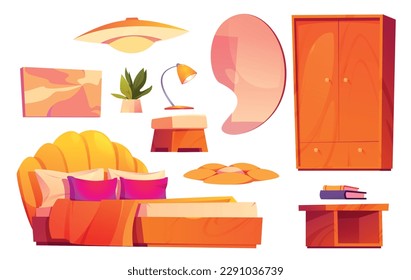 Groovy bedroom interior set with daisy flower carpet vector cartoon illustration. Night table and wooden closet furniture for house room. Hotel apartment isolated objects, wardrobe and lamp