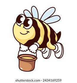 Caricatura de abeja Groovy con cubo de miel dulce. Divertido abejorro retro volando con el tarro, abeja de la colmena mascota, dibujos animados feliz abeja etiqueta engomada de estilo de los años 70 80 ilustración vectorial