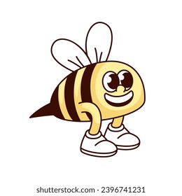 Ilustración vectorial del carácter de abeja gruesa. Caricatura aislada pegatina de abejas retro de burbujas graciosas o avispas con picadura y ala, mascota de insectos de verano voladora con sonrisa trippy feliz en la cara y los pies