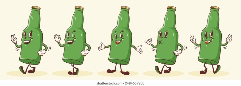 Groovy Beer Bottle Retro Character Illustrations Set. Cartoon Drink Glass Container Walking Smiling Vector Food Mascot Templates Collection. Happy Vintage Cool Beverages Rubber Hose Style Drawing