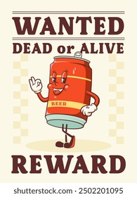 Groovy Beer Can Retro Character Reward Poster. Cartoon Drink Container Smiles and Shows Okay Sign. Vector Fast Food Beverage Mascot Wanted Template. Happy Vintage Cool Illustration. Isolated