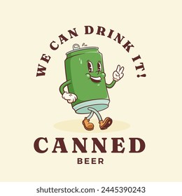 Groovy Beer Cartoon Retro Character Emblem Illustration. Drink Tin Can Walking Smiling Vector Logo Mascot Template. Happy Vintage Cool Alcohol Beverage Rubberhose Style Drawing. Isolated