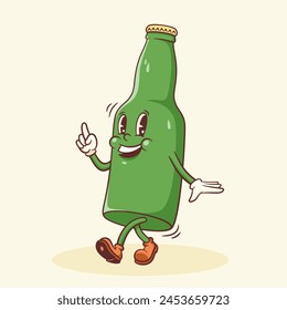 Groovy Beer Cartoon Retro Character Emblem Illustration. Drink Bottle Walking Smiling Vector Logo Mascot Template. Happy Vintage Cool Alcohol Beverage Rubber Hose Style Personage Drawing. Isolated