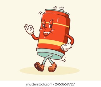 Groovy Beer Cartoon Retro Character Emblem Illustration. Drink Tin Can Walking Smiling Vector Logo Mascot Template. Happy Vintage Cool Alcohol Beverage Rubber Hose Style Personage Drawing. Isolated