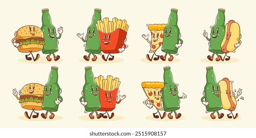 Conjunto de personajes retro de cerveza y bocadillos de comida. Hamburguesa de dibujos animados, pizza, patatas fritas, perro caliente y botella Vector sonriente Plantillas de mascota de comida rápida Ilustraciones frescas de Antiguas feliz Colección aislada