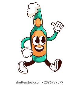 Groovy beer glass bottle character vector illustration. Cartoon isolated retro funny alcohol drink emoji, sticker of comic beer personage walking to weekend party with friends, Oktoberfest festival