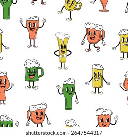 Caracteres de copos de cerveja Groovy. Vidro cômico com bebidas com espuma. Criaturas de estilo retro. Modelo de padrão contínuo do Oktoberfest, plano de fundo do vetor