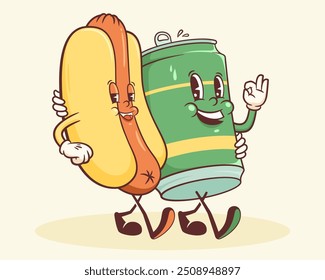Groovy Beer and Hot Dog Retro Characters Label. Cartoon Sausage Bun and Beverage Can Walking Smiling Vector Food Mascot Template. Happy Vintage Cool Fast Food Illustration with Typography. Isolated
