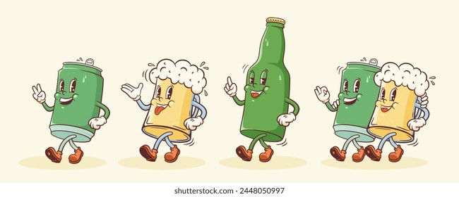 Groovy Beer Mug and Can Retro Character Illustration. Cartoon Drink Glass and Drink Container Walking Smiling Vector Food Mascot Template. Happy Vintage Cool Beverages Rubberhose Style Drawing