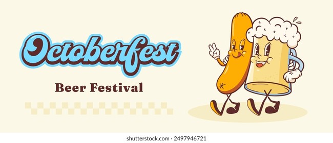 Groovy Beer Octoberfest Retro Characters Banner Illustration. Cartoon Glass Mug and Sausage Container Walking Smiling Vector Food Mascot Template. Happy Vintage Cool Beverages Drawing