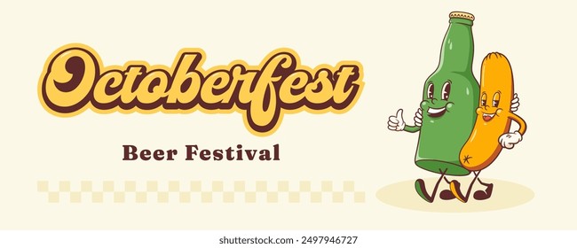 Groovy Beer Octoberfest Retro Characters Banner Illustration. Cartoon Bottle and Sausage Container Walking Smiling Vector Food Mascot Template. Happy Vintage Cool Beverages Drawing