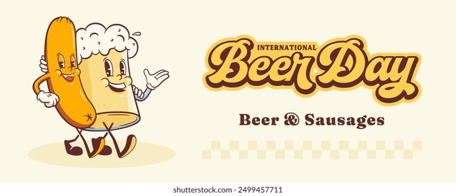 Groovy Beer Octoberfest Retro Characters Banner Illustration. Cartoon Glass Mug and Sausage Container Walking Smiling Vector Food Mascot Template. Happy Vintage Cool Beverages Drawing