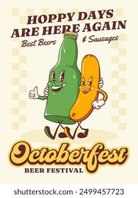 Groovy Beer Octoberfest Retro Characters Poster Illustration. Cartoon Bottle and Sausage Container Walking Smiling Vector Food Mascot Template. Happy Vintage Cool Beverages Drawing